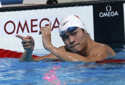 Sun Yang of China reacts after competing in the men;s 800m freestyle heats during the World Swimming Championships at the Sant Jordi arena in Barcelona July 30, 2013. u00e2u20acu201d Reuters pic