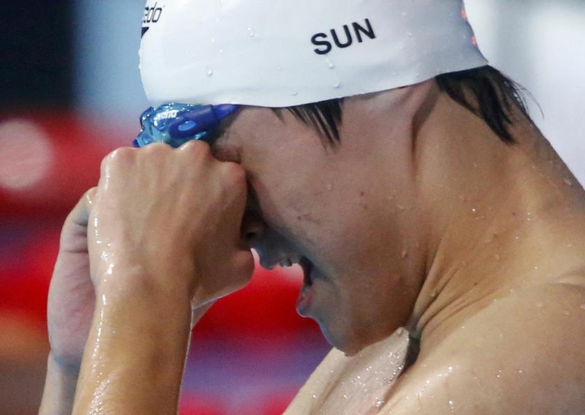 Winner Sun Yang of China reacts after the men's 800m freestyle final during the World Swimming Championships at the Sant Jordi arena in Barcelona July 31, 2013