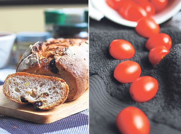 Cut thick slices of crusty bread such as pain au levain (sourdough bread) for the base of the tartines (left). Fresh cherry tomatoes add a bright note when used as a tartine topping instead of tomato sauce from a jar (right)