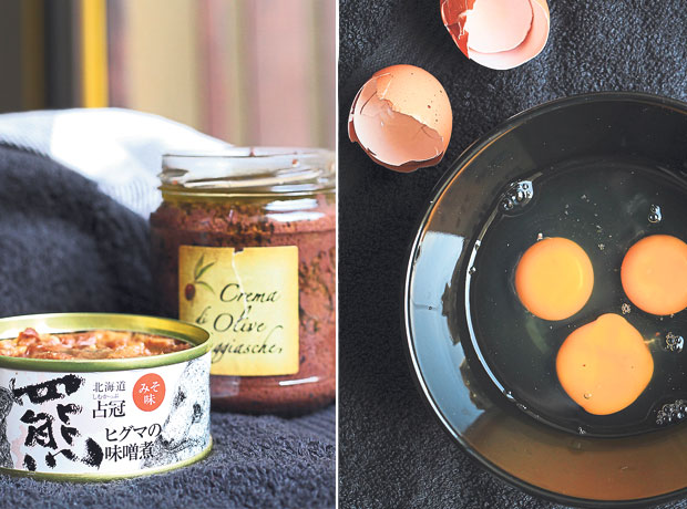 Olive tapenade and meaty rillettes make for a savoury and full-flavoured tartine topping (left). Use the freshest eggs possible for fluffy scrambled eggs – these will be a light-as-air tartine topping with a drizzle of aromatic truffle oil (right)