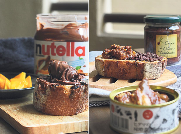 Every kid loves Nutella but why not jazz it up with some chunks of fresh mango? (left). Make use of whatever you have in your pantry as creative tartine toppings! (right)