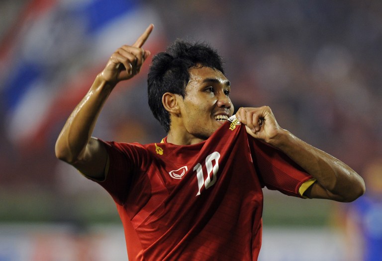 Thai football player Teerasil Danga celebrates his goal against of Malaysia during their 2nd leg AFF Suzuki Cup semi-final football match in Bangkok on December 13, 2012. u00e2u20acu201d AFP pic