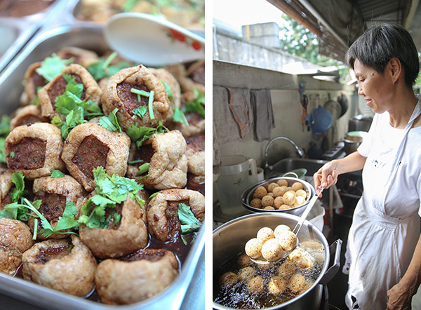 Stuffed tofu puff is one of the items you can find from the buffet spread at the Jalan Ampang temple (left). Ms. Lau fries up jin tui or crispy sesame dumplings (right)