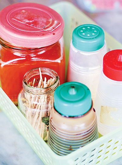 Condiments include chili sauce, soy sauce and white pepper