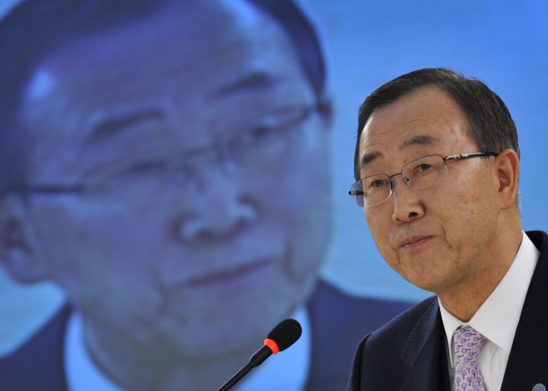 United Nations (UN) Secretary-General Ban Ki-moon delivering a speech to mark the 60th anniversary of the adoption of the Universal Declaration of Human Rights, at the European headquarters of the United Nations in Geneva, on December 12, 2008. u00e2u20acu201d AFP pi