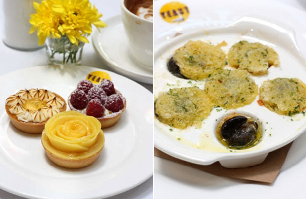 A selection of mini tarts like calamansi passion, mango and raspberry for dessert with a cup of coffee (left). Escargots a la Bourguignonne with shimeji mushrooms, garlic and parsley butter (right)